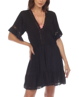 Raviya - Women's V-Neck Short-Sleeve Lace-Trim Dress Cover-Up