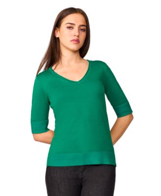Melissa Paige - Women's Rolled V-Neck Elbow-Sleeve Sweater