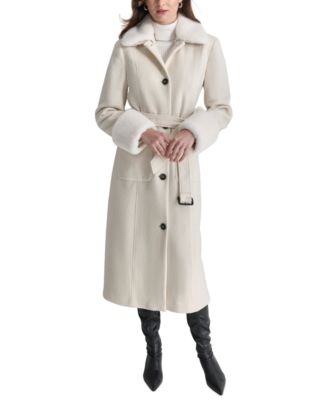 DKNY - Women's Faux-Fur-Trim Single-Breasted Belted Coat