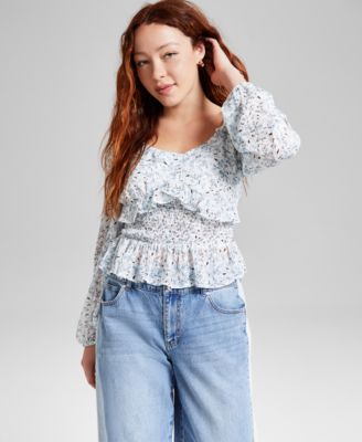 And Now This - Women's Printed Ruffle-Trim Smocked Top