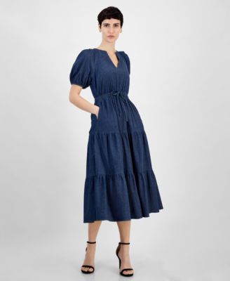 Anne Klein - Women's Split-Neck Puff-Sleeve Denim Midi Dress