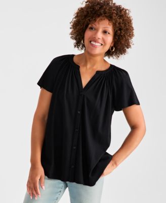 Style & Co - Petite Button-Front Flutter-Sleeve Top