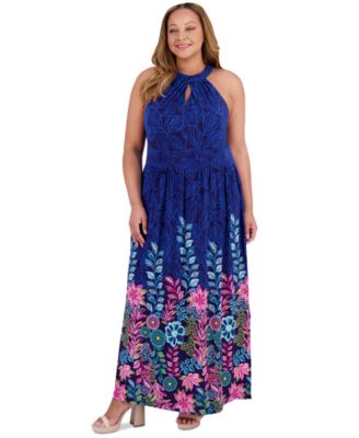 London Times - Plus Size Halter Placement-Print Maxi Dress