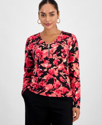 I.N.C. International Concepts - Petite Printed Zip-Front Top
