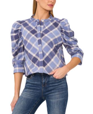 CeCe - Women's Cotton Plaid Puff Elbow-Sleeve Shirt