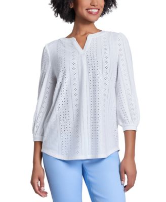 Jones New York - Women's Split-Neck Multi Lattice Eyelet Knit Top