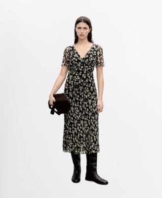 MANGO - Women's Floral Print Straight Midi Dress