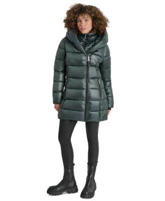 DKNY - Women's Bibbed Shawl-Collar Packable Shine Puffer Coat