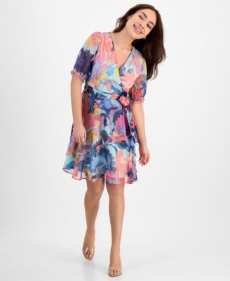Tahari ASL - Petite Shadow Stripe Ruffle Floral Print Dress