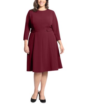 London Times - Plus Size 3/4-Sleeve Tab-Waist Fit & Flare Dress