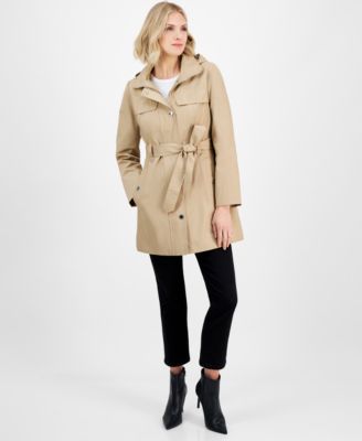 London Fog - Petite Zip-Front Belted Long-Sleeve Rain Coat