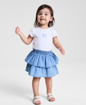 Calvin Klein - Baby Girls Ribbed Logo Bodysuit & Denim Skirt, 2 Piece Set