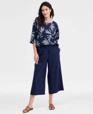 Charter Club - Petite High Rise Cropped Wide-Leg Linen Pants, Exclusively at Macy's