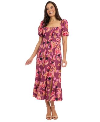 London Times - Women's Printed Square-Neck Puff-Sleeve Dress