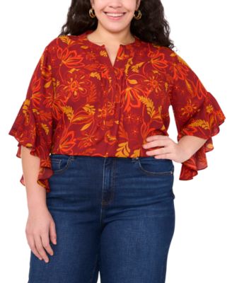 Vince Camuto - Plus Size Split-Neck Ruffle-Cuff Blouse