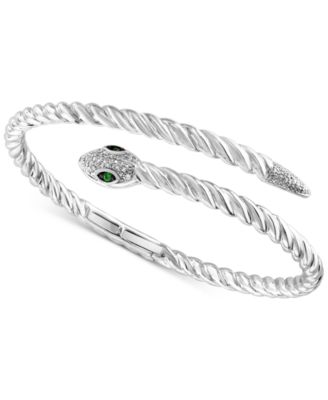 EFFY Collection - Diamond (1/4 ct. t.w.) & Tsavorite (1/20 ct. t.w.) Snake Bypass Bangle Bracelet in Sterling Silver