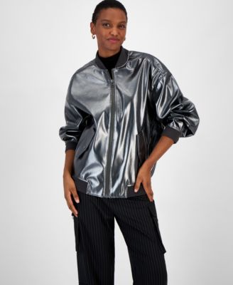 Bar III - Women's Foil Faux-Leather Bomber Jacket