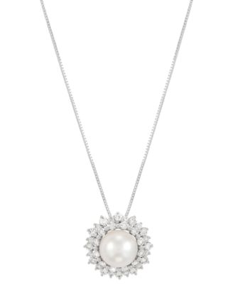 Grown With Love - Cultured Freshwater Pearl (8mm) & Lab Grown Diamond (3/4 ct. t.w.) Double Halo 18" Pendant Necklace in 14k White Gold