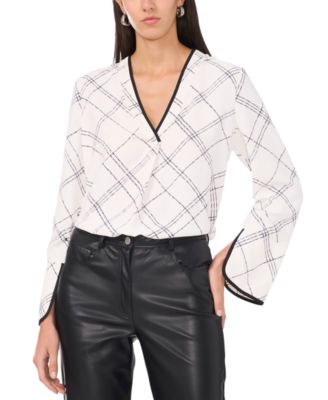 Vince Camuto - Women's Windowpane-Print V-Neck Split-Cuff Top