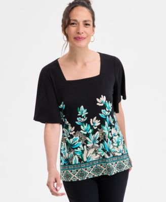JM Collection - Petite Magnolia Garden Square-Neck Top