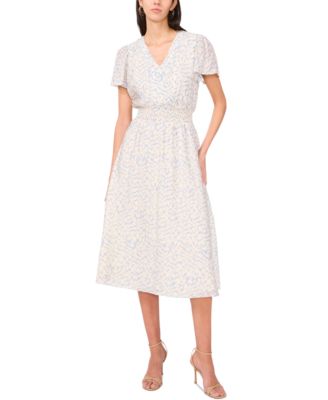 Vince Camuto - Women's Printed V-Neck Smocked-Waist Dress