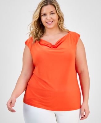 Kasper - Plus Size Cowlneck Cap-Sleeve Top