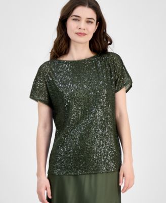 Anne Klein - Women's Sequinned-Mesh Boat-Neck Top