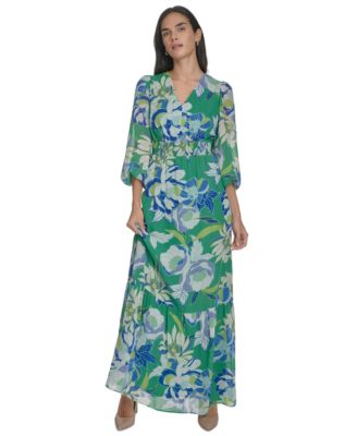 Jessica Howard - Women's Printed Puff-Sleeve V-Neck Maxi Dress