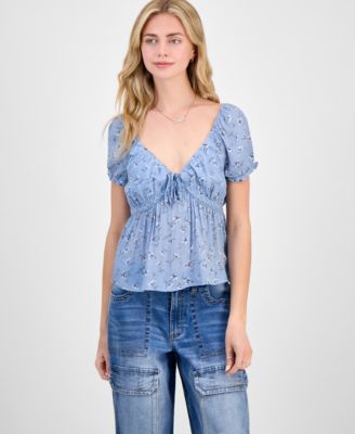 Derek Heart - Juniors' Floral-Print Puff-Sleeve Peplum Top