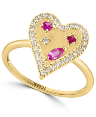 EFFY Collection - Pink Sapphire (1/4 ct. t.w.), Ruby Accent, & Diamond (1/6 ct. t.w.) Heart Halo Ring in 14k Gold
