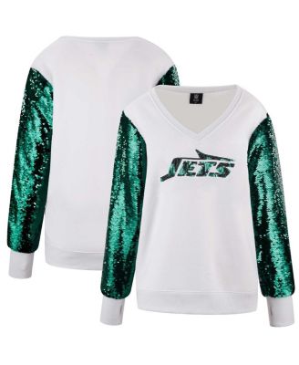 Cuce - Women's White, Green New York Jets Sequin Sleeve V-Neck Pullover Sweatshirt