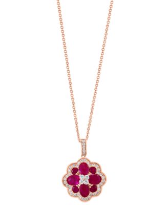 EFFY Collection - Ruby (2-3/4 ct. t.w.) & Diamond (3/8 ct. t.w.) Flower Cluster 18" Pendant Necklace in 14k Rose Gold
