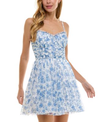 SENI & CADE - Juniors' Floral Pleated Tulle Fit & Flare Dress