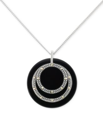 Macy's - Onyx & Marcasite Circle Disc 18" Pendant Necklace in Sterling Silver