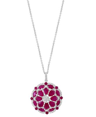 EFFY Collection - Ruby (6-7/8 ct. t.w.) & Diamond (5/8 ct. t.w.) Flower Cluster 18" Pendant Necklace in 14k White Gold