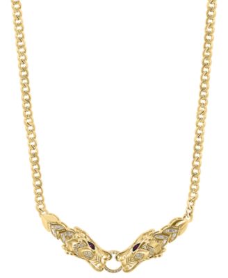 EFFY Collection - Diamond (1/3 ct. t.w.) & Ruby (1/10 ct. t.w.) Two Dragon Head 17" Statement Necklace in 14k Gold