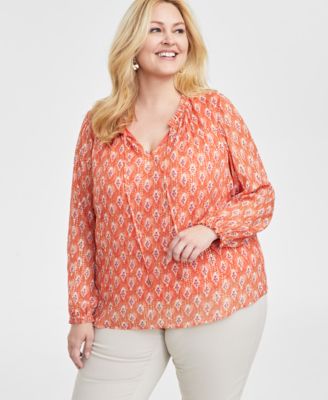 JM Collection - Plus Size Printed Split-Neck Blouse