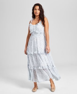 And Now This - Women's Floral-Print Ruffled Tiered Fit & Flare Smocked-Waist Dress