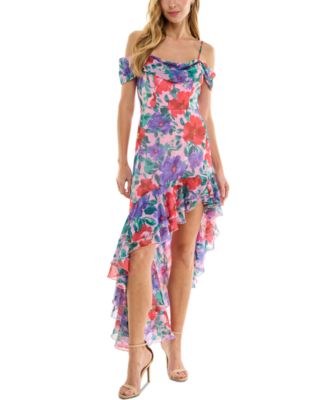 City Studios - Juniors' Floral-Print Cold-Shoulder Ruffle-Trim Dress