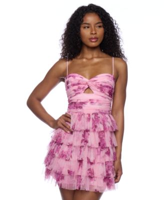 B Darlin - Juniors' Printed Ruffle-Tiered Cut-Out Mini Dress
